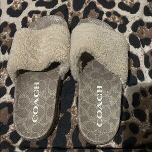 Coach Beige Faux Shearling Logo Slide Sandals